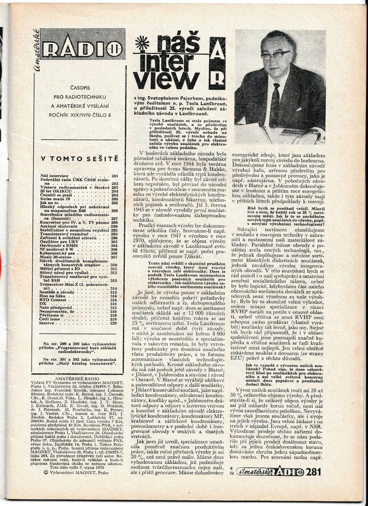 AmatÃ©rskÃ© Radio 8. RoÄnÃ­k XIX ÄŒÃ­slo 8 1970 - Velmi dobrÃ½ stav